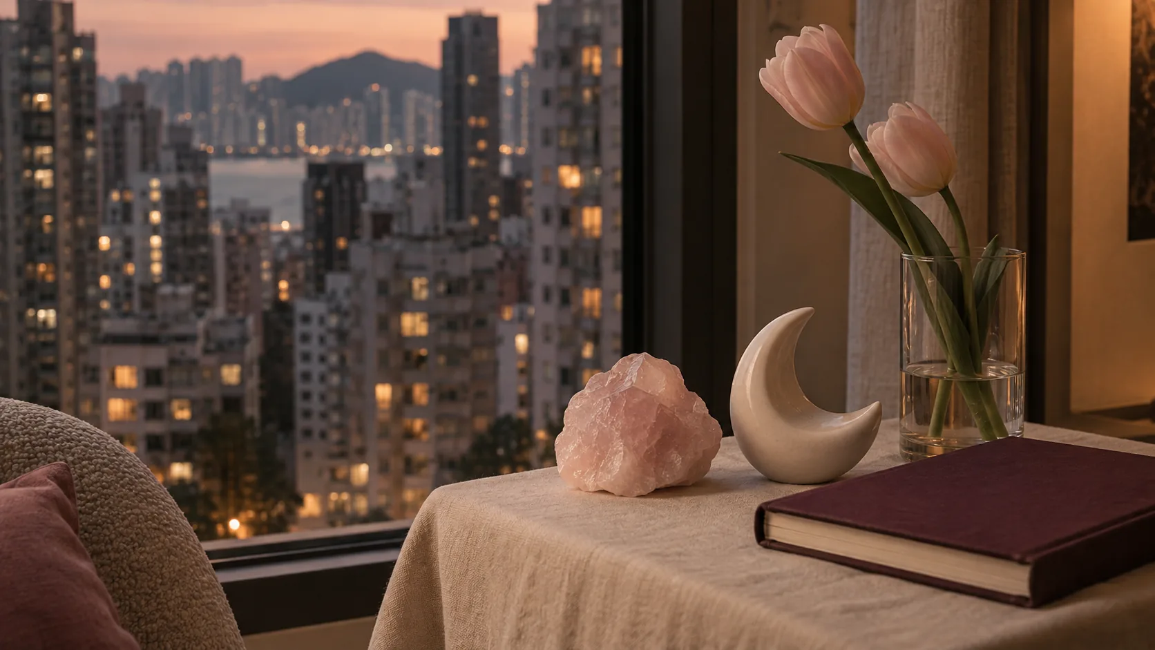 香港黃昏窗邊的粉晶、月亮擺設與花:原創 AI 情境圖