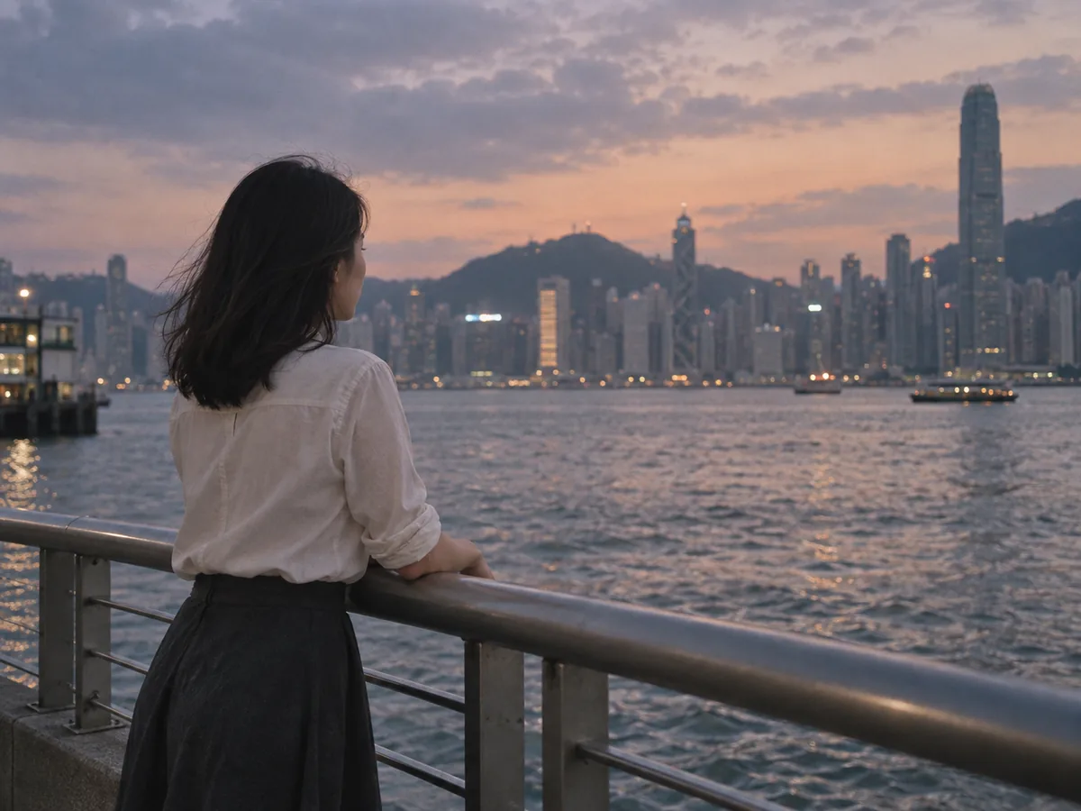 女性在香港海旁欣賞黃昏:原創 AI 情境圖